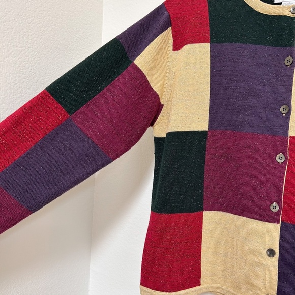 VINTAGE CHRISTOPHER & BANKS holiday color block cardigan sweater sz L, green - Picture 8 of 14